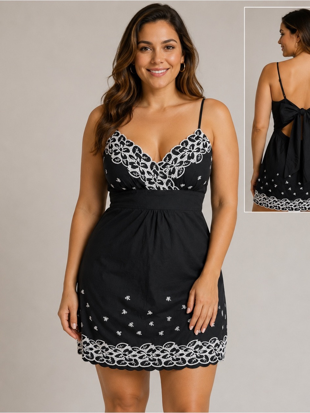 NWT Y2K Vanity Babydoll Tank Top Large Black White Embroidered Tie Back Empire
